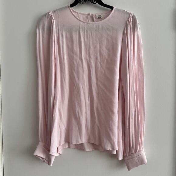Wilfred Blouse Pink Round Neck Scallop Hem Back Button Long Sleeve Pullover Sz M - Picture 1 of 4